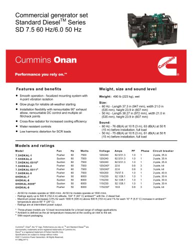 商业发电机套装标准DieseltM系列SD 7.5 60 Hz / 6.0 50 Hz