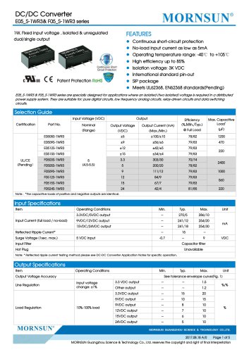 E05_S-1WR3＆F05_S-1WR3系列 -  1W，固定输入电压，隔离和未调节的双/单输出