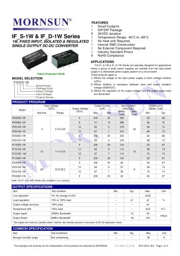 IF_S-1W / 1WATT DC-DC转换器/调节/单输出