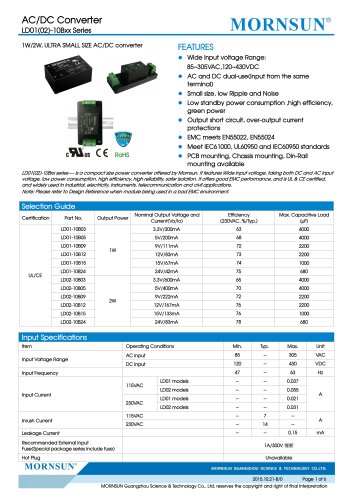 MORNSUN 1-2W紧凑型85-305VAC宽输入AC/DC变换器LD01/02-10Bxx