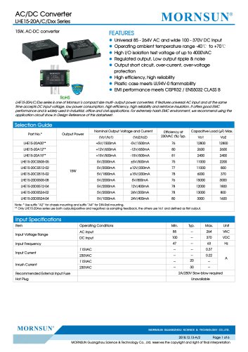 MORNSUN 15W 85-264VAC输入双输出AC/DC变换器LHE15-20Axx