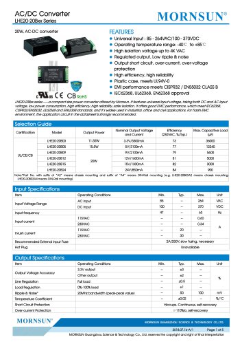 MORNSUN 20W 85-264VAC输入AC/DC变换器LHE20-20Bxx