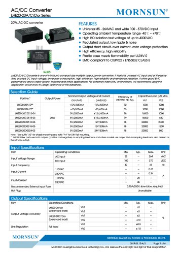 MORNSUN 20W 85-264VAC输入双输出AC / DC转换器LHE20-20AXX