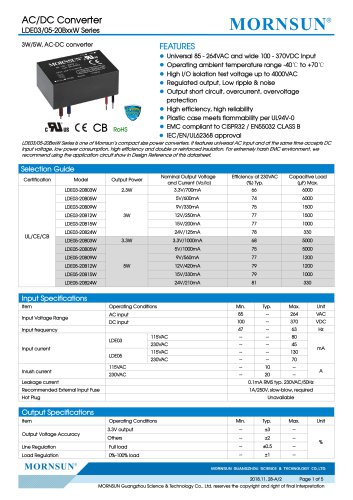 MORNSUN 3-5W AC/DC变换器，引线LDE03-20BxxW