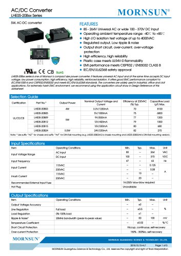 Mornsun 5W 85-264VAC输入AC / DC转换器LHE05-20BXX