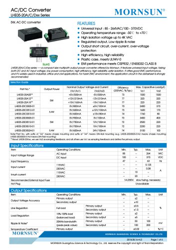 MORNSUN 5W 85-264VAC输入双输出AC/DC变换器LHE05-20Axx