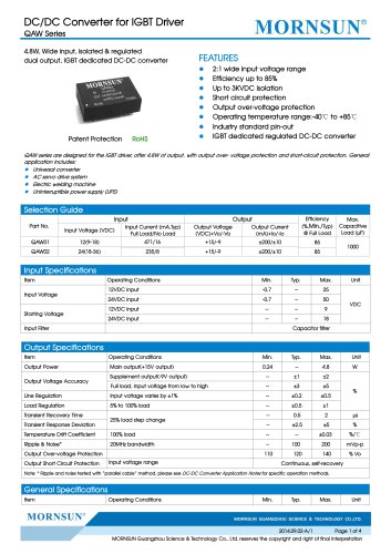 用于IGBT驱动器的QAW /宽输入直流电DC转换器