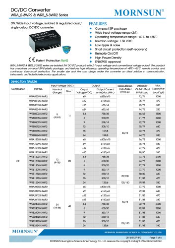 WRA_S-3WR2 / 2：1 / 3WATT DC-DC转换器/双输出