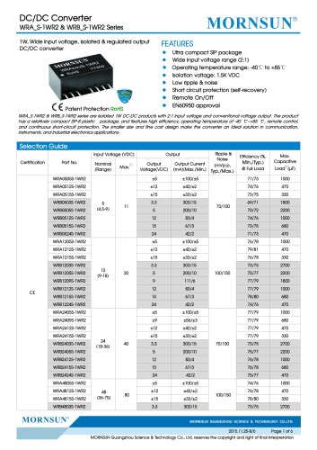 WRB_S-1WR2 / 2：1/1 / 1WATT DC-DC转换器/ 1500VDC隔离/ SIP /模块化/调节/单输出/紧凑/可靠