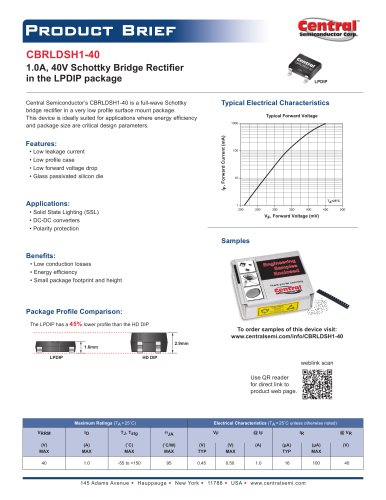 CBRLDSH1-40 1.0A，40V肖特基桥式整流器在LPDIP包中