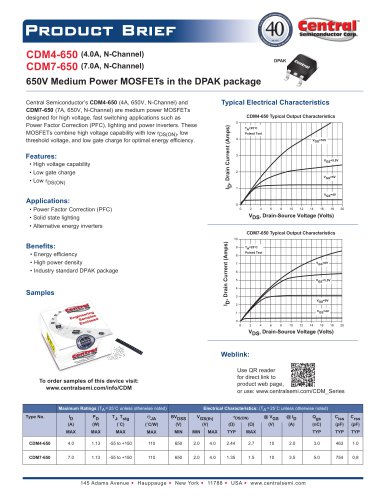 CDM4-650和CDM7-650 4A和7A，650V N沟道，DPAK包装中的中型电源MOSFET