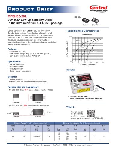 CFSH05-20L 20V，0.5A低VF肖特基二极管在超小型SOD-882L封装中