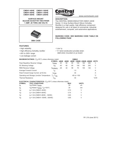 CMSH1-200HE表面安装整流器 - 肖特基（500mA）单一