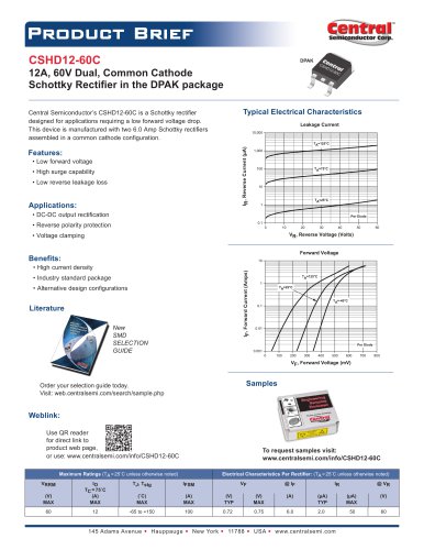 CSHD12-60C 12A，60V双，普通阴极肖特基整流器在DPAK包装中